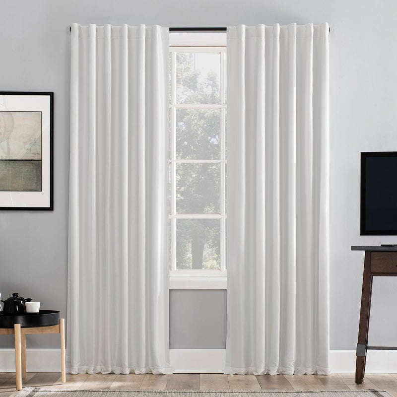 Sun Zero Greyson Faux Dupioni Silk Thermal Extreme Total Blackout Back Tab Curtain Panel, 50" x 84", Pearl White - Image 1